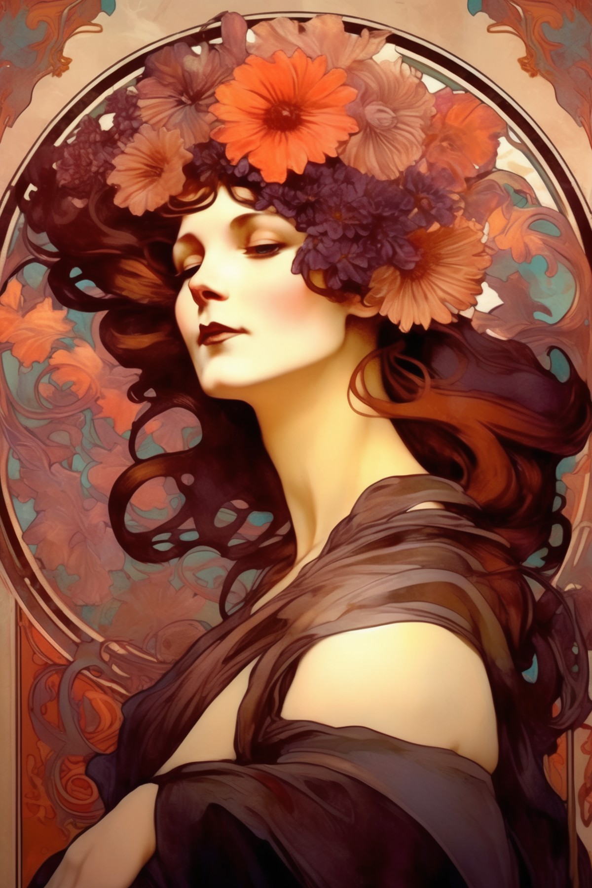 <lora:Alphonse Mucha Style:1>Alphonse Mucha Style - Alphonse Mucha painted a portrait of a fashionable woman. dark flovers...